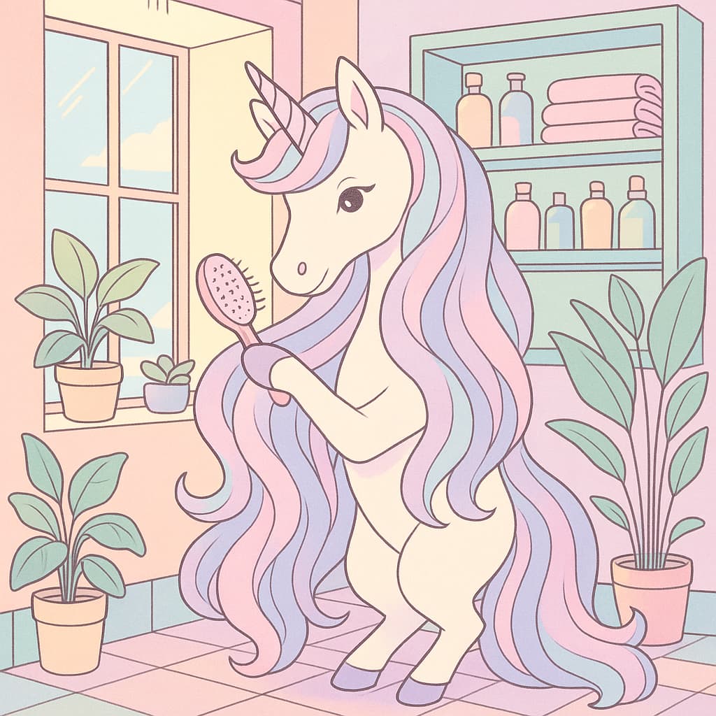 Beauty-routine coloring image with glossy pastel hair