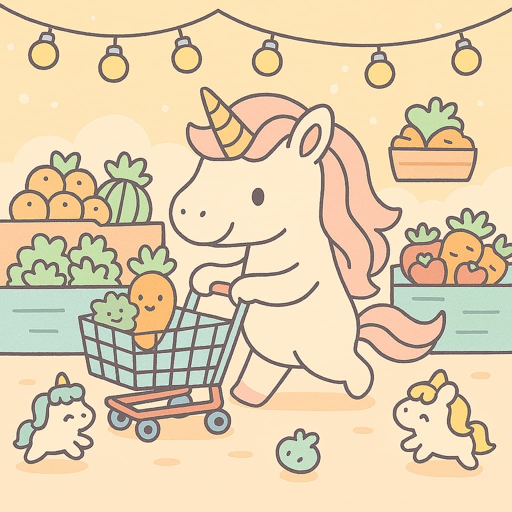 Market scene coloring picture of unicorn and veggie friends