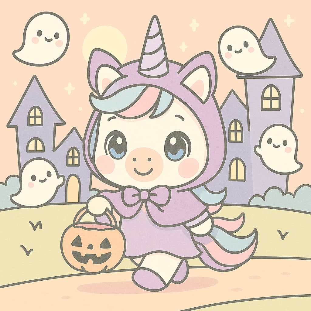 Pastel haunted-house coloring picture of a happy unicorn