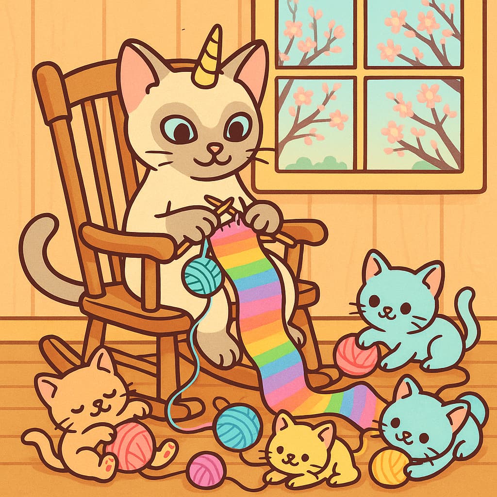 Cozy living room coloring image with yarn and kittens