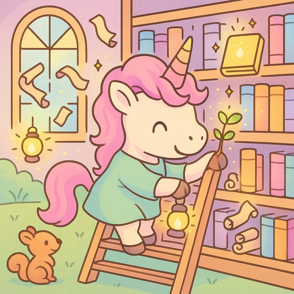 Storybook coloring picture of shelves, lamplight, and magic