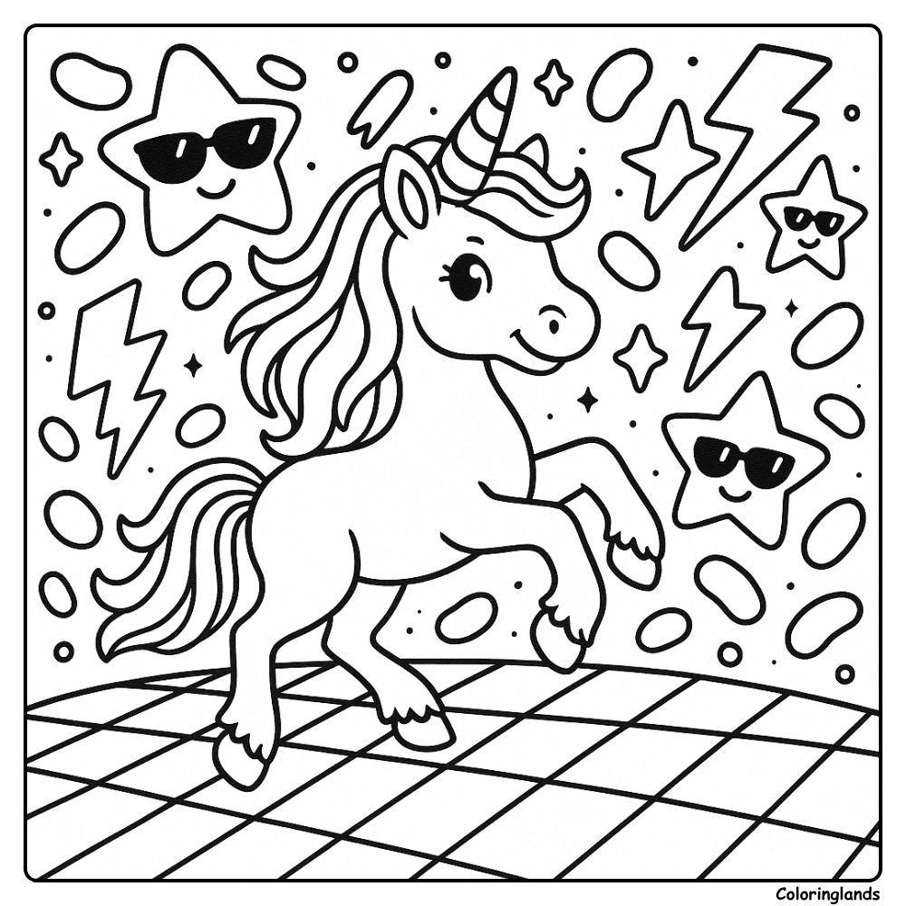 Unicorn disco floor with smiling stars coloring image