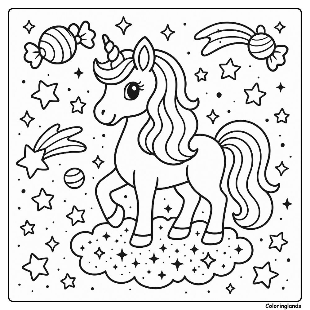 Unicorn on starry cloud coloring picture for bright shades