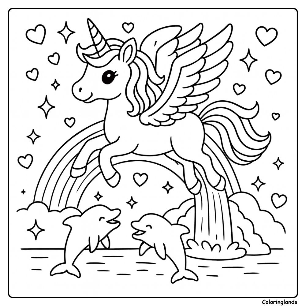 Winged unicorn over rainbow waterfall coloring idea