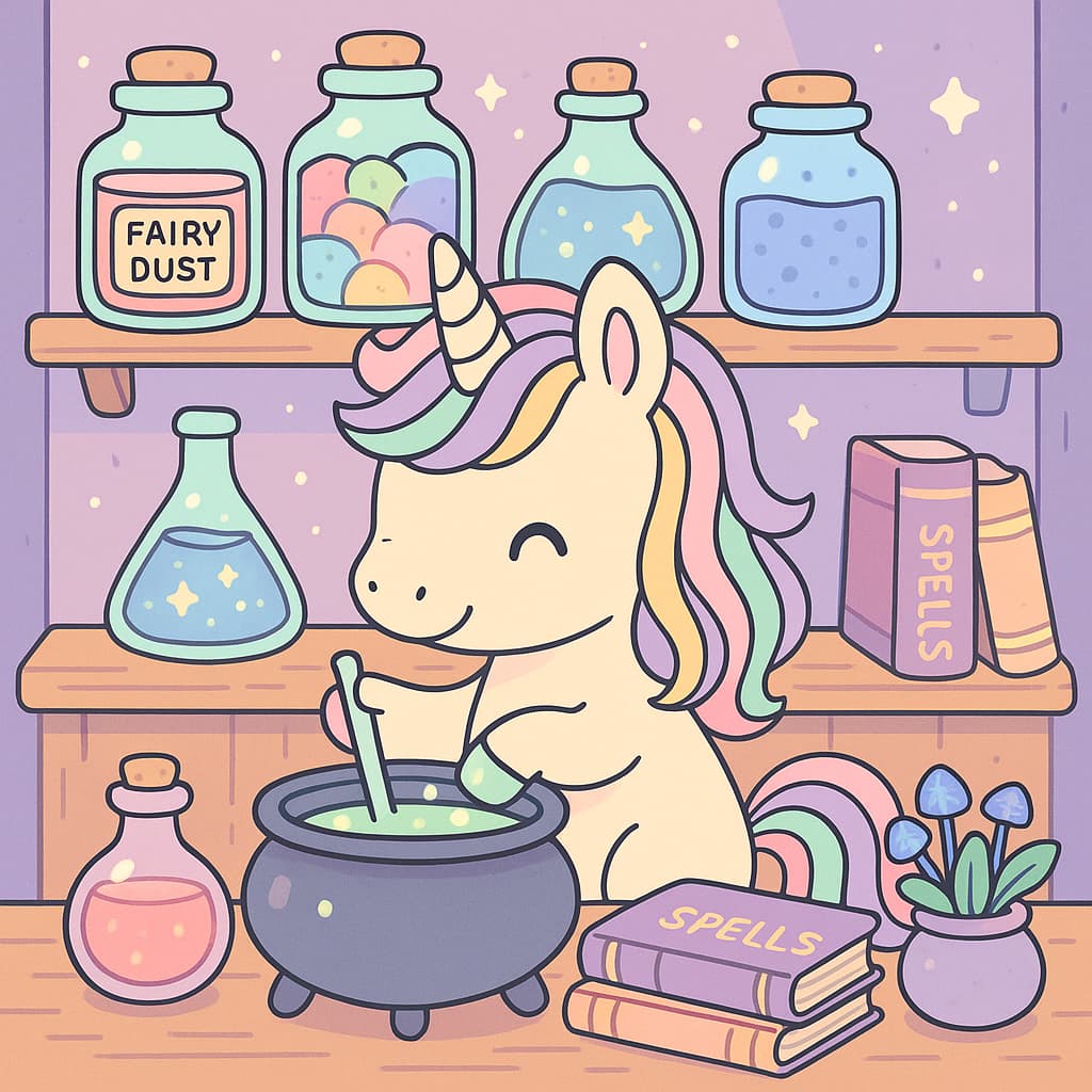 Fantasy lab coloring image: jars, cauldron, spell books