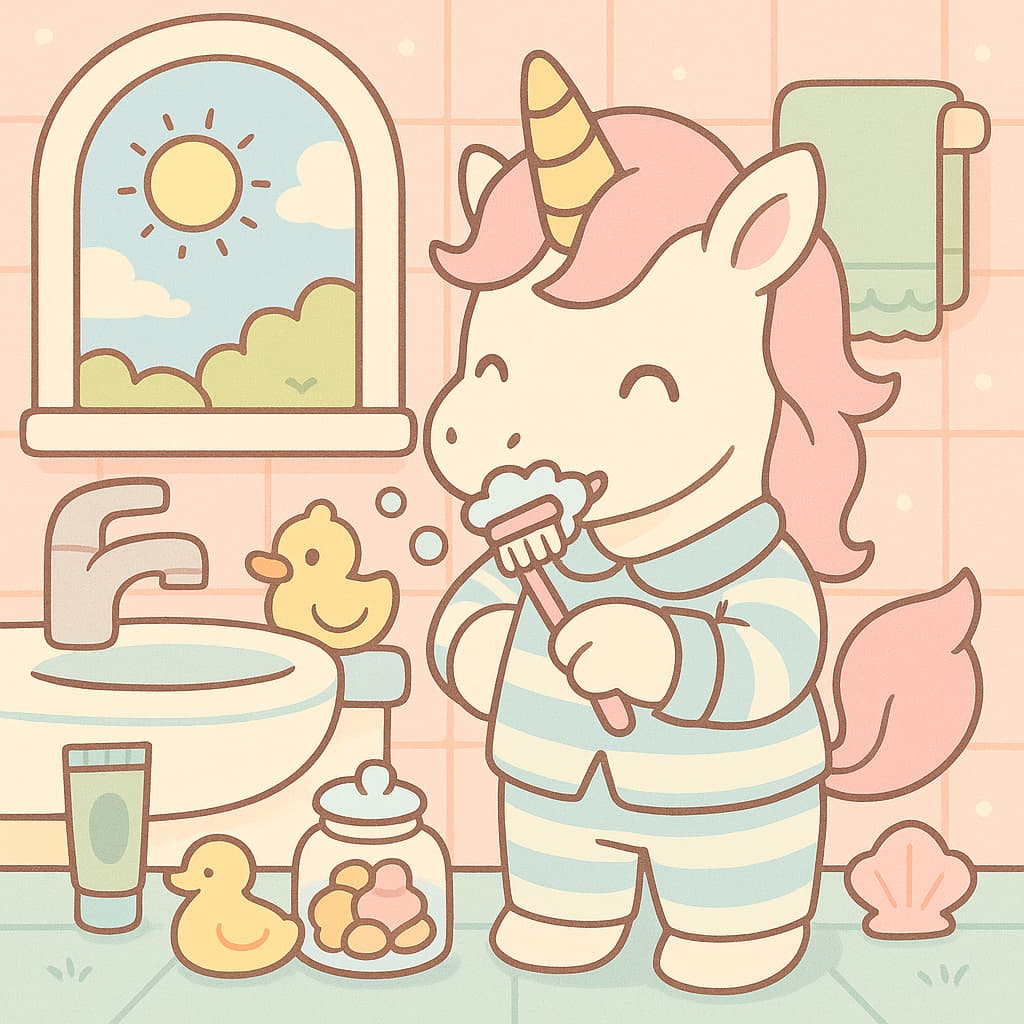 Bathroom coloring sheet: unicorn brushing teeth with ducks