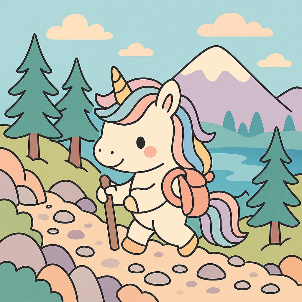Outdoor adventure coloring picture with trail and tall trees