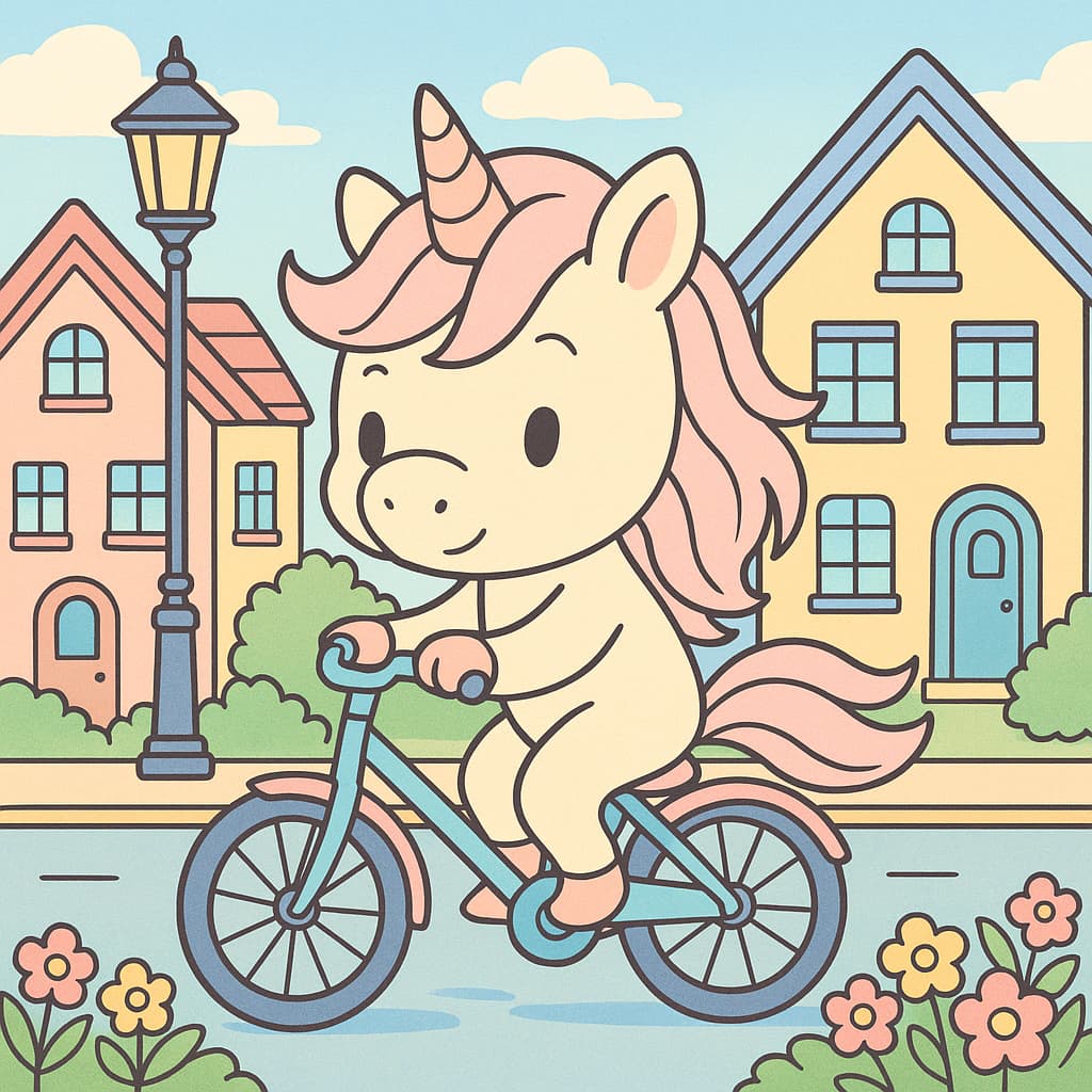 Cute bike-riding unicorn on street, playful coloring idea
