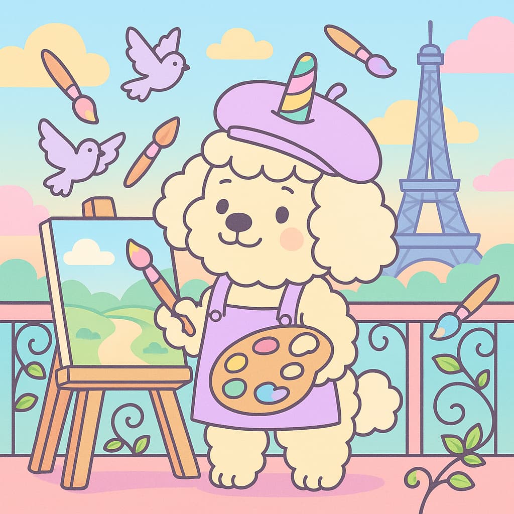 Unicorn pup art day coloring picture with easel and tower