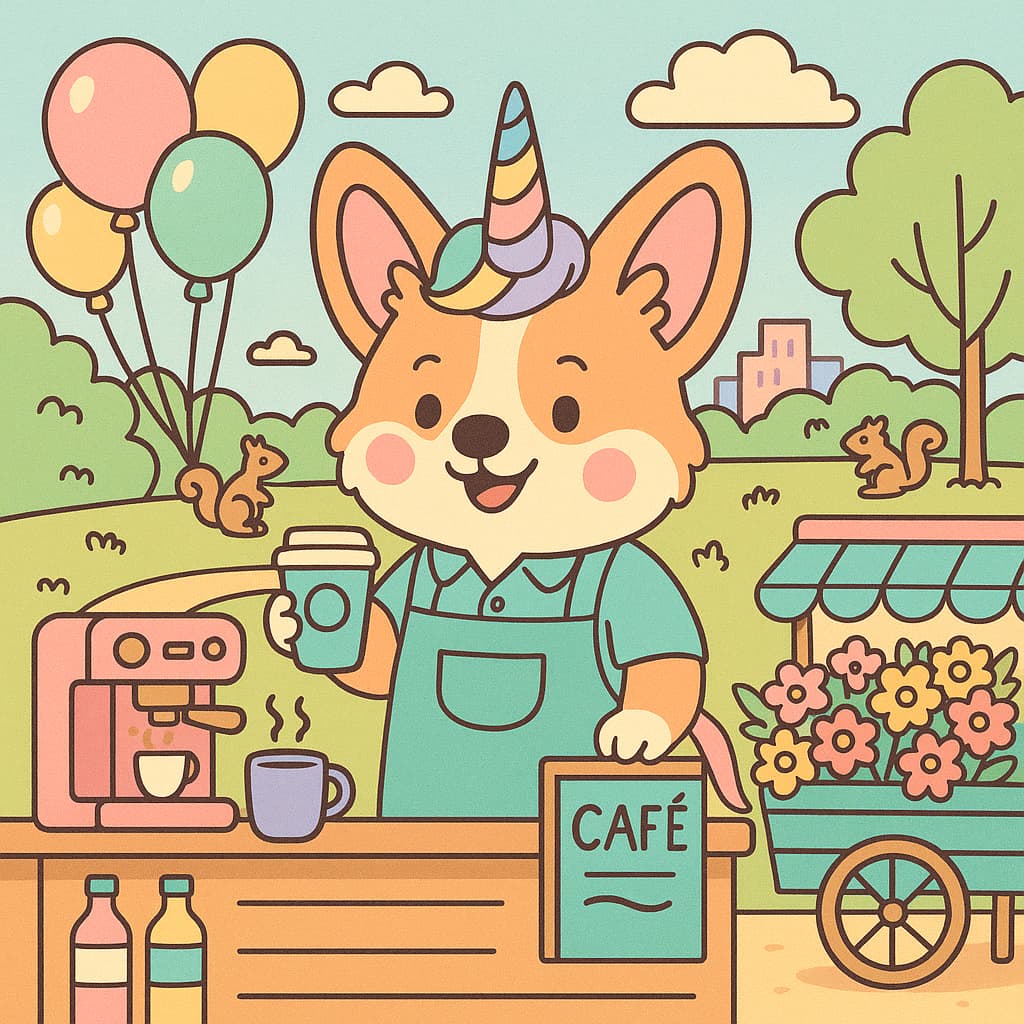Unicorn dog at park cafe coloring image with coffee cart