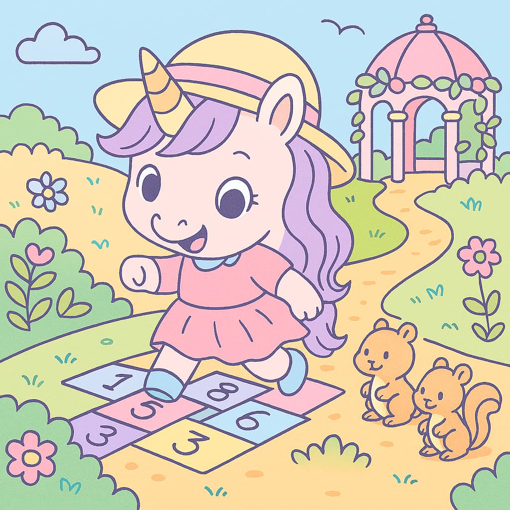 Hopscotch path coloring idea with gazebo and squirrels