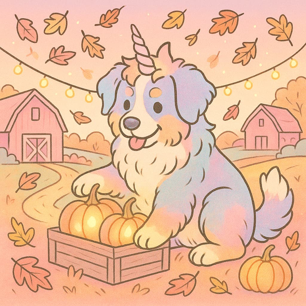 Autumn barn scene coloring picture with unicorn pup