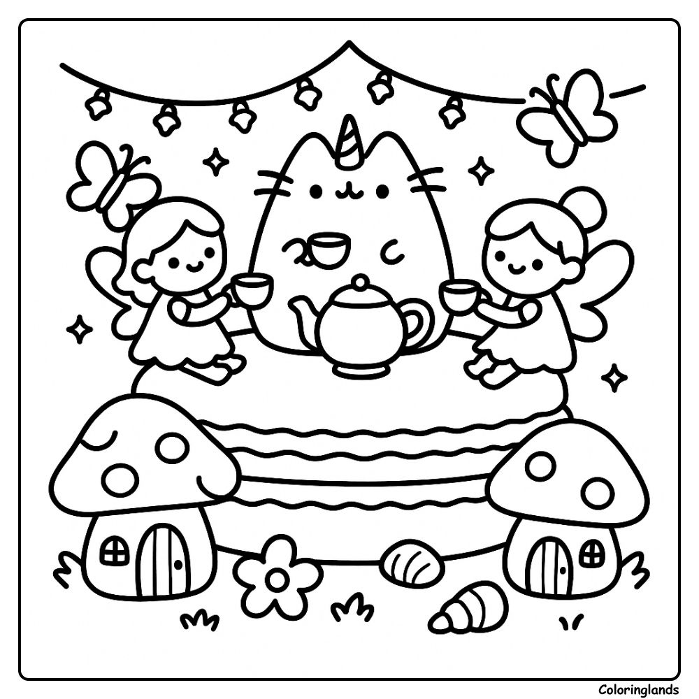Unicorn cat tea party with fairies and mushroom houses