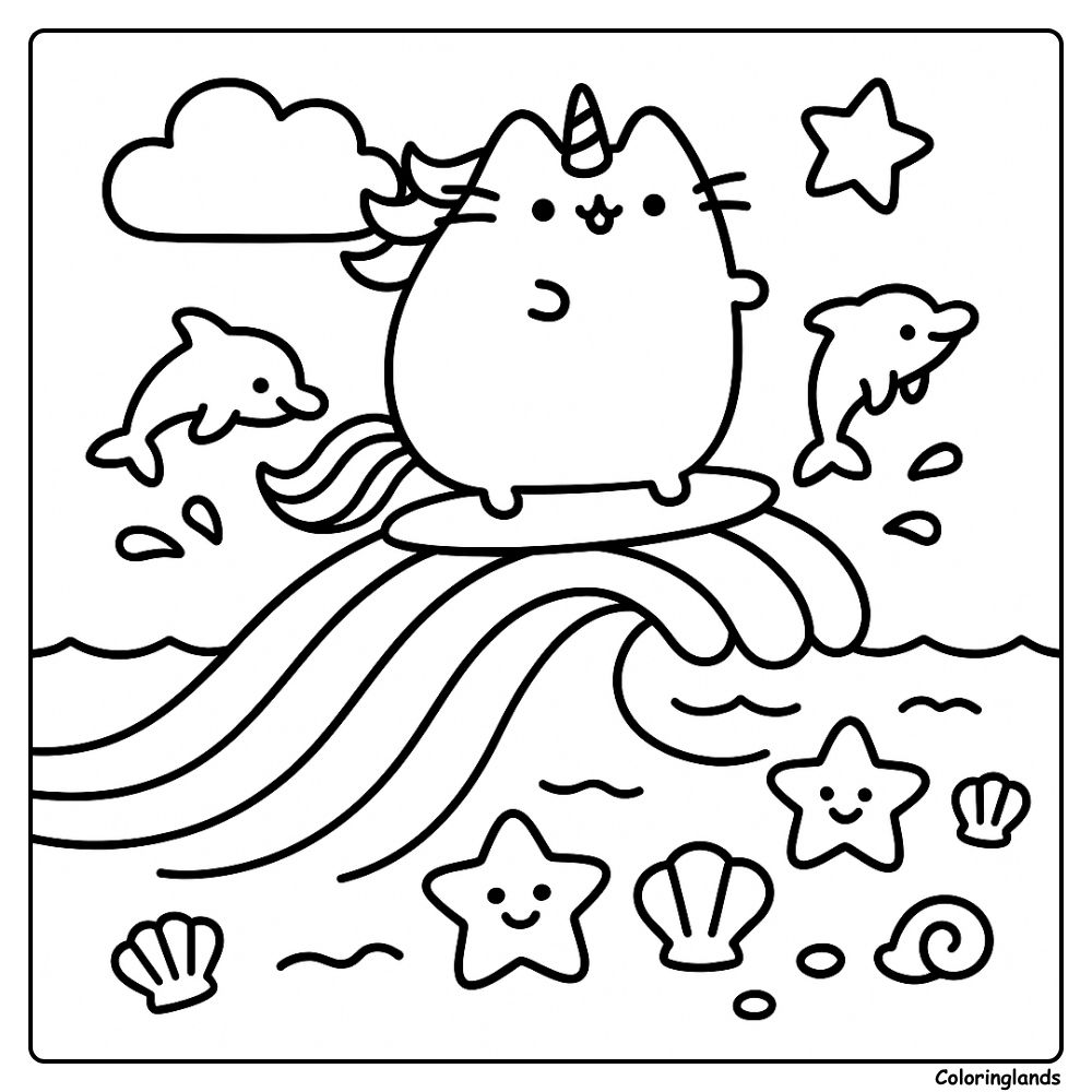 Unicorn cat surfs a big wave with dolphins and starfish