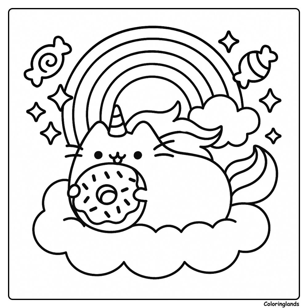 Chubby unicorn cat cuddles a donut on a fluffy cloud