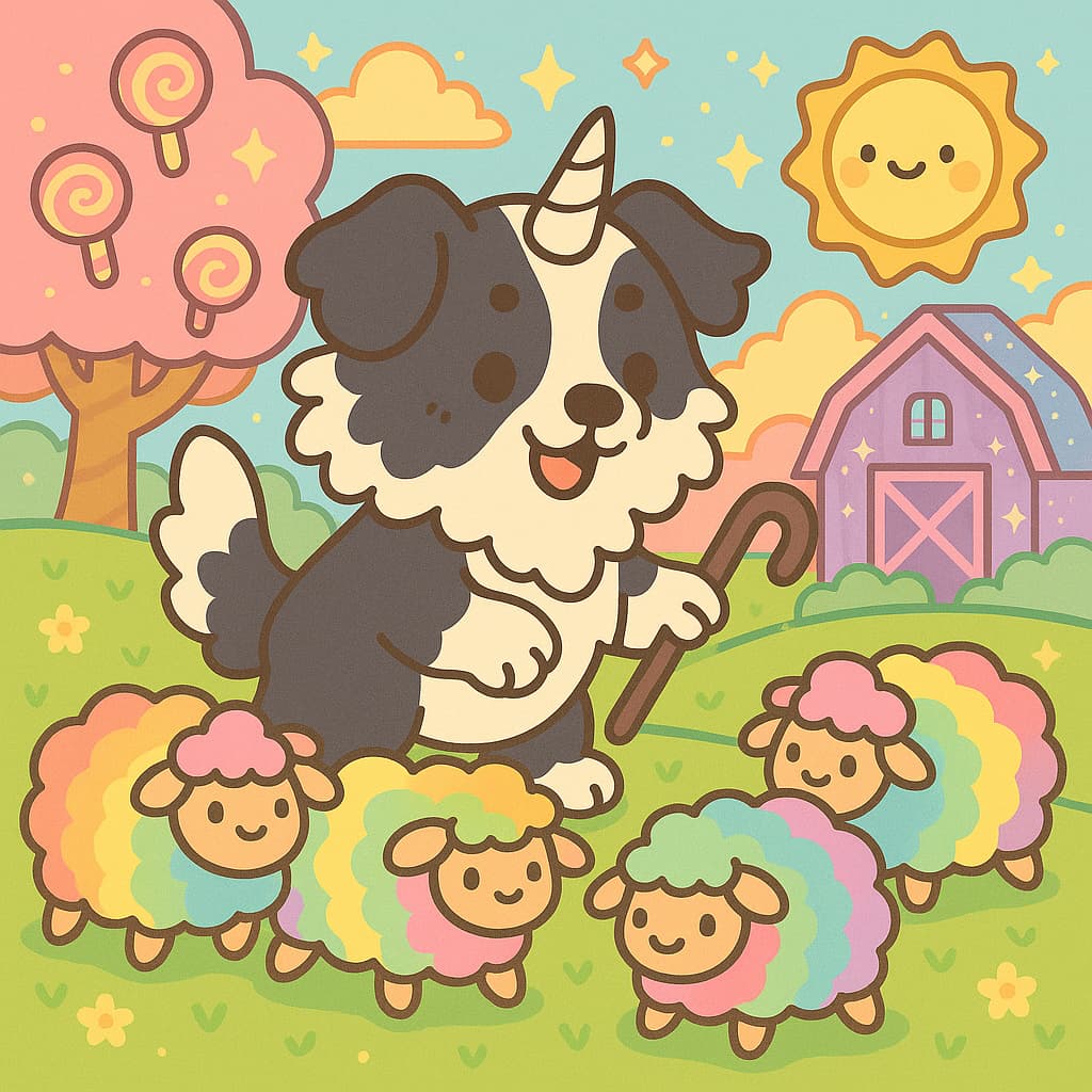 Pastel farm unicorn dog coloring picture with lambs