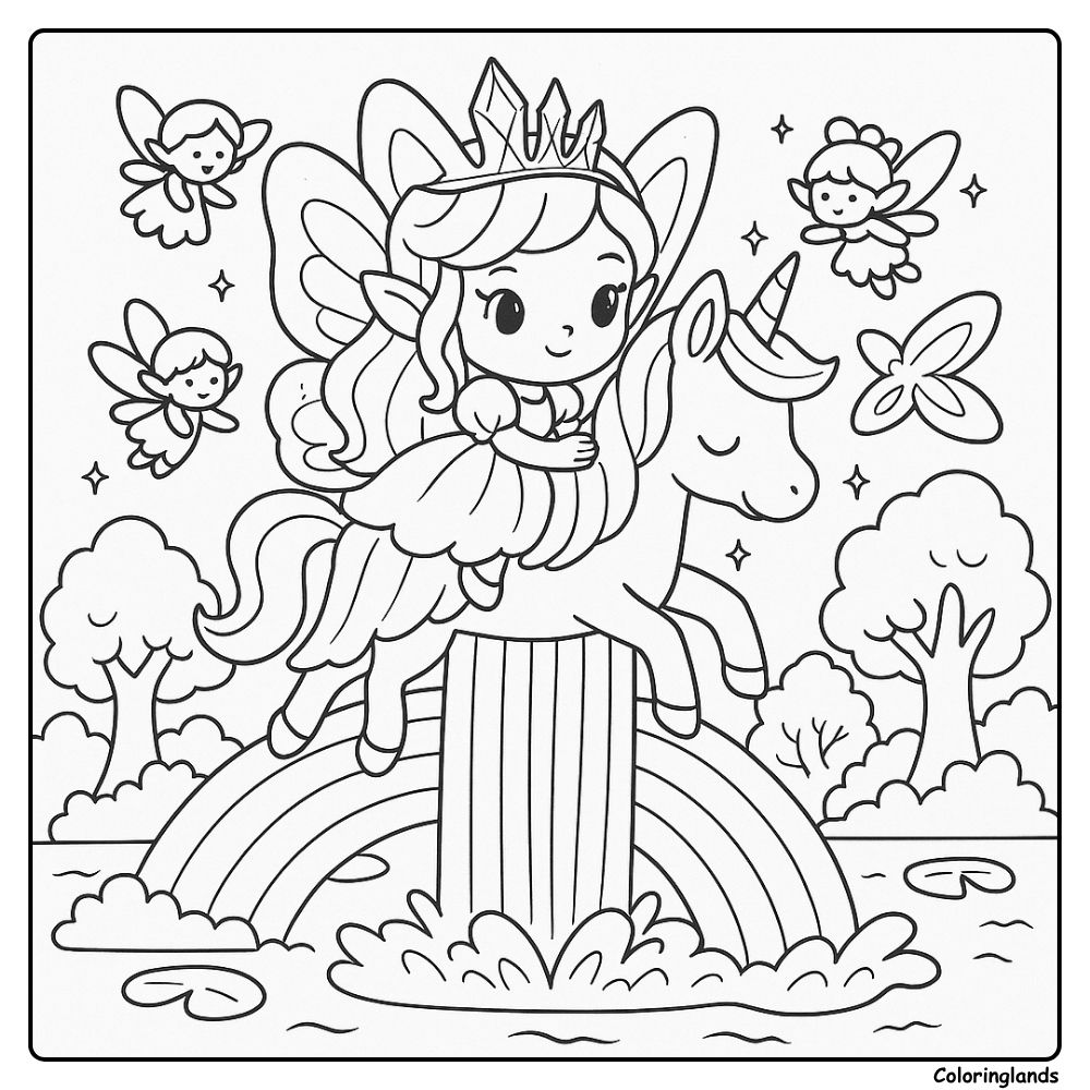 Joyful coloring image of fairy princess flying on unicorn