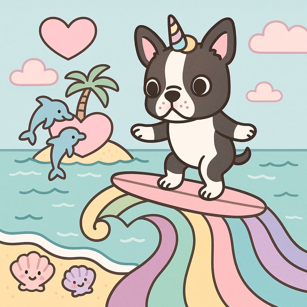 Beach day unicorn dog coloring image on a pastel sea