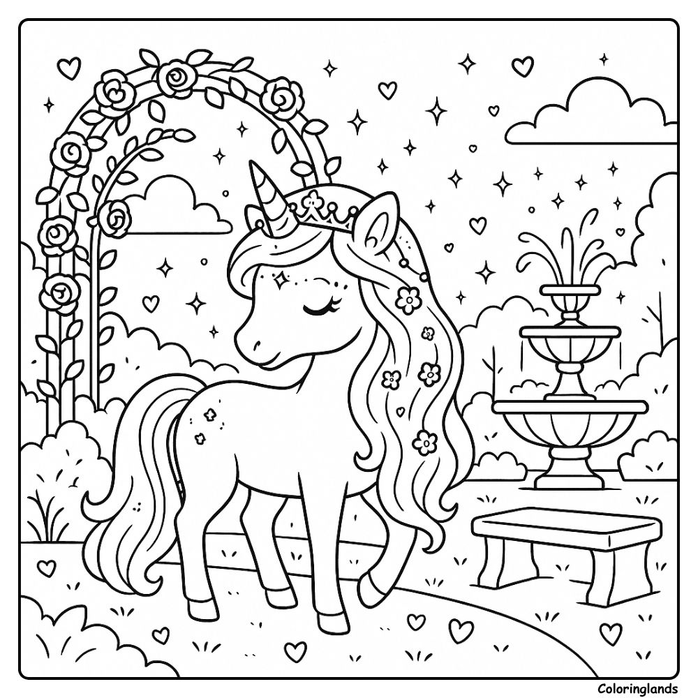 Princess unicorn near a fountain and roses, coloring picture.