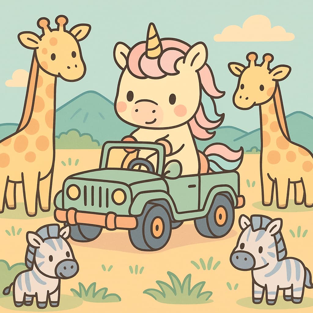 Wildlife park coloring picture with jeep on sunny plains
