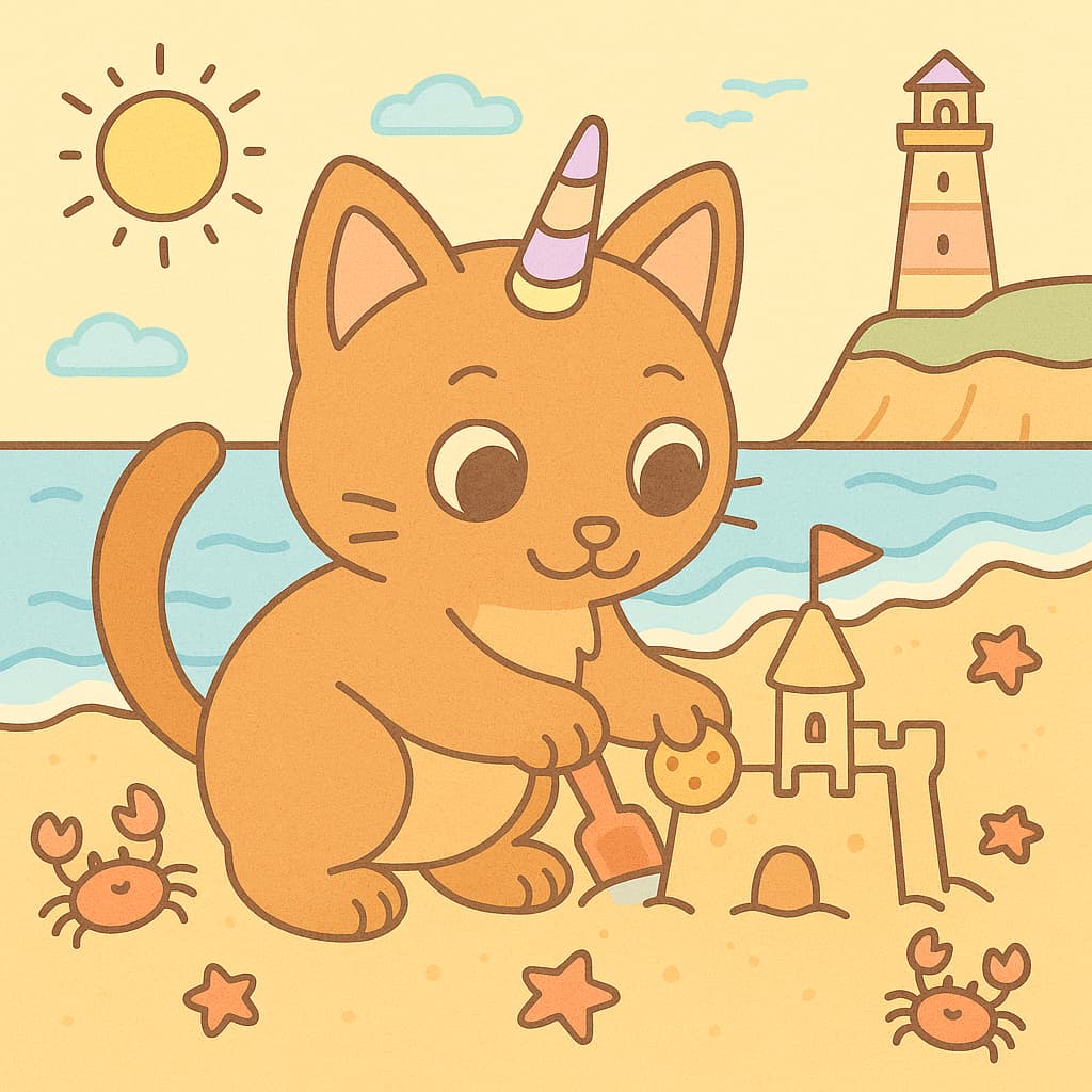 Sunny beach coloring image with waves and a castle