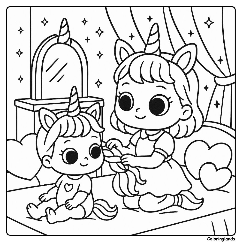 Bedroom scene of unicorn sisters braiding hair coloring image