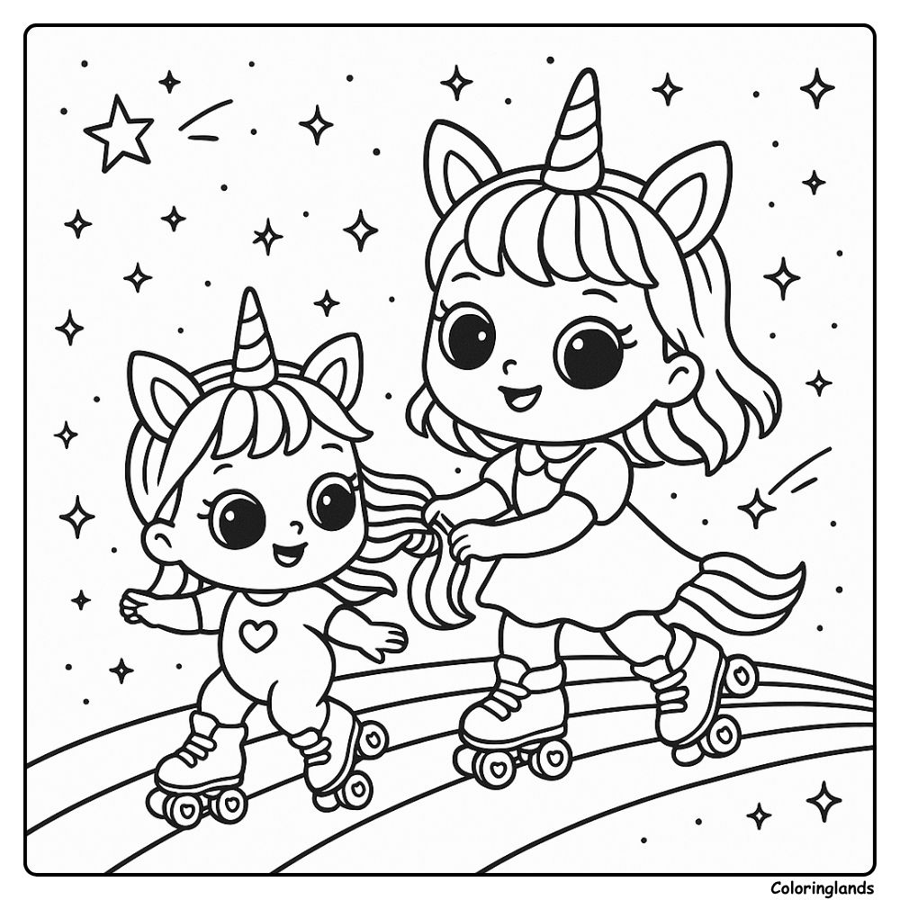 Unicorn sisters skating on a rainbow road coloring picture