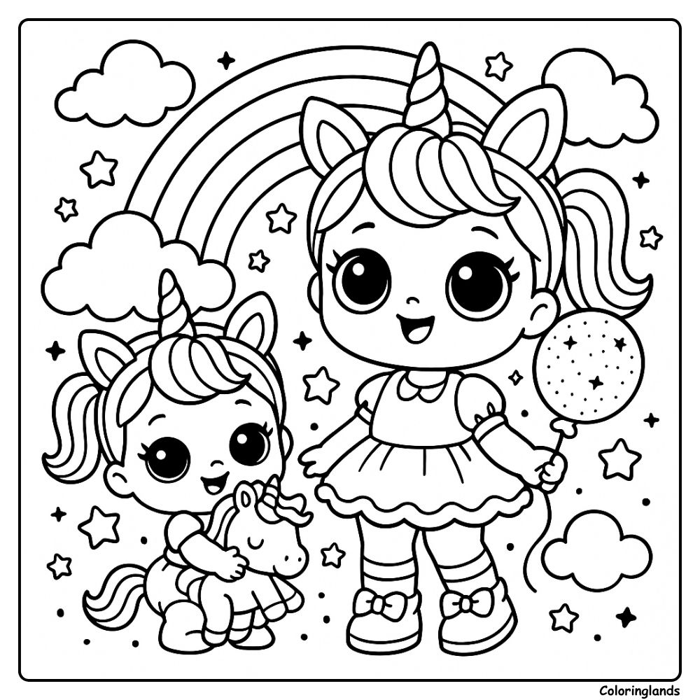 Cute unicorn sisters under a rainbow coloring picture to try