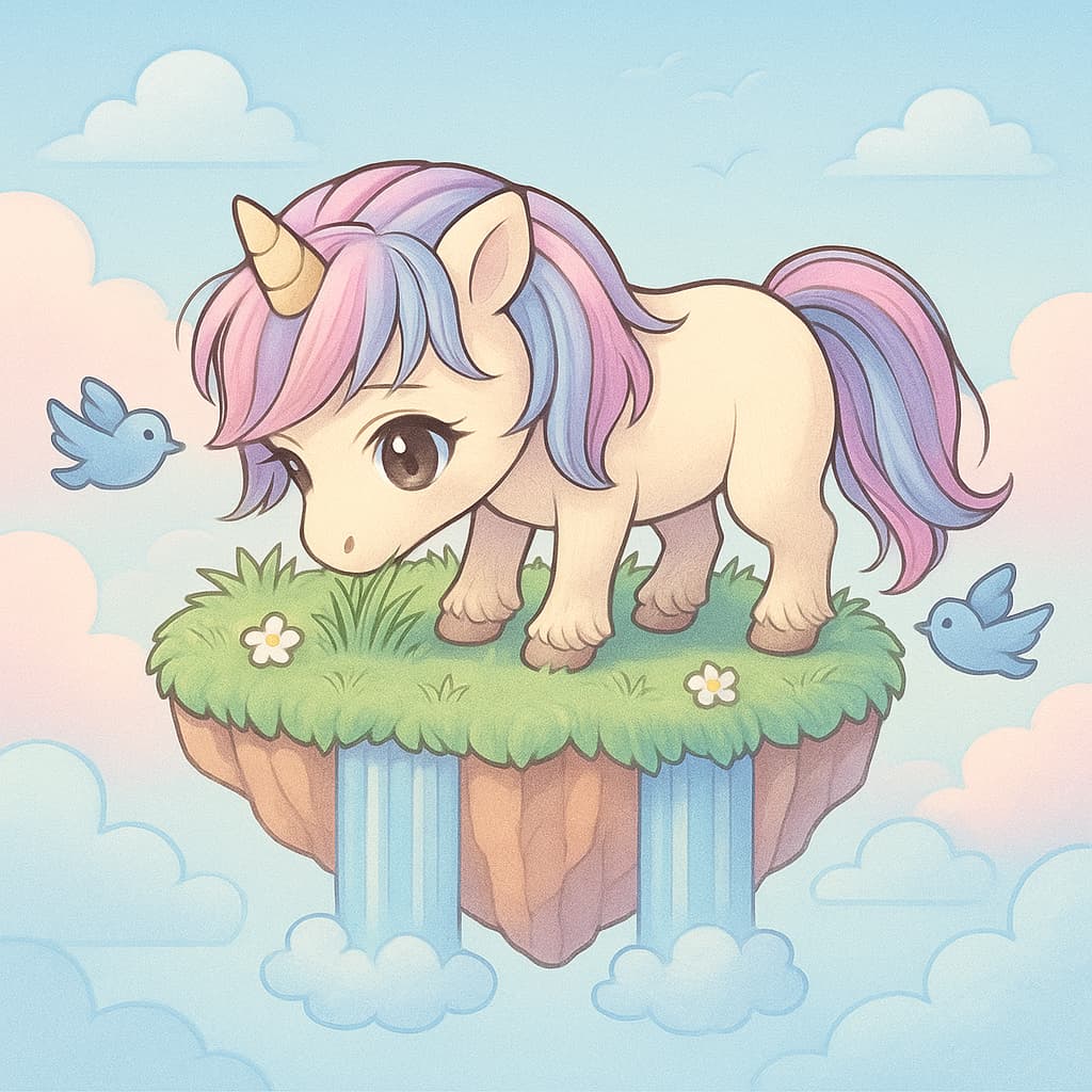 Floating garden with unicorn, dreamy coloring idea