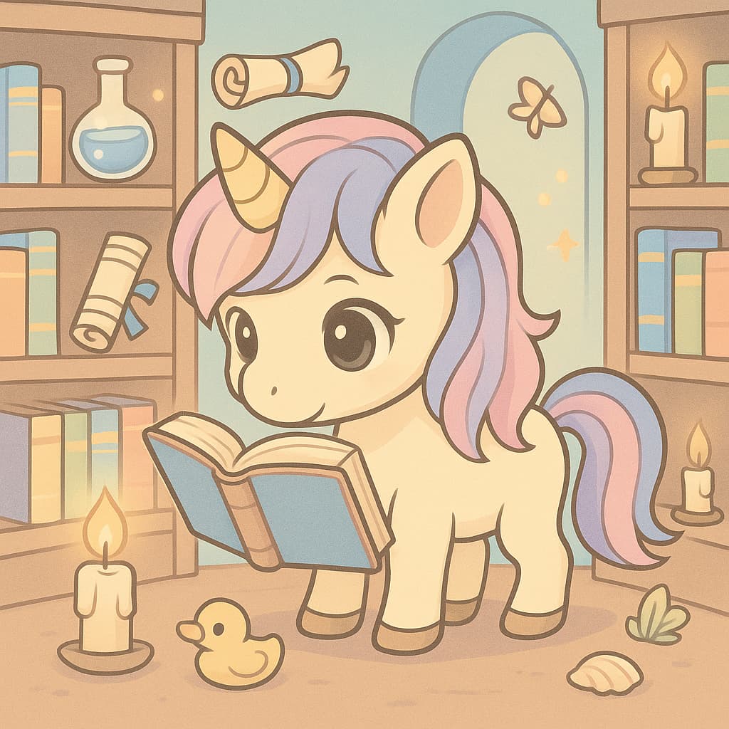 Magical study with unicorn and books, coloring picture
