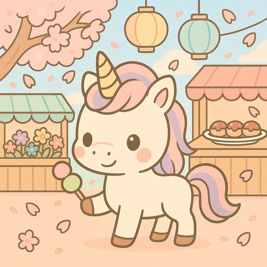Cute market scene coloring picture of unicorn and lanterns
