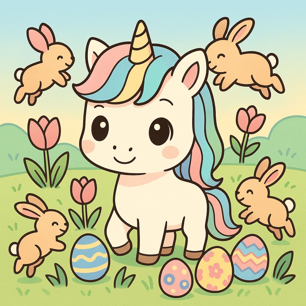 Easter garden coloring image with pastel eggs and unicorn