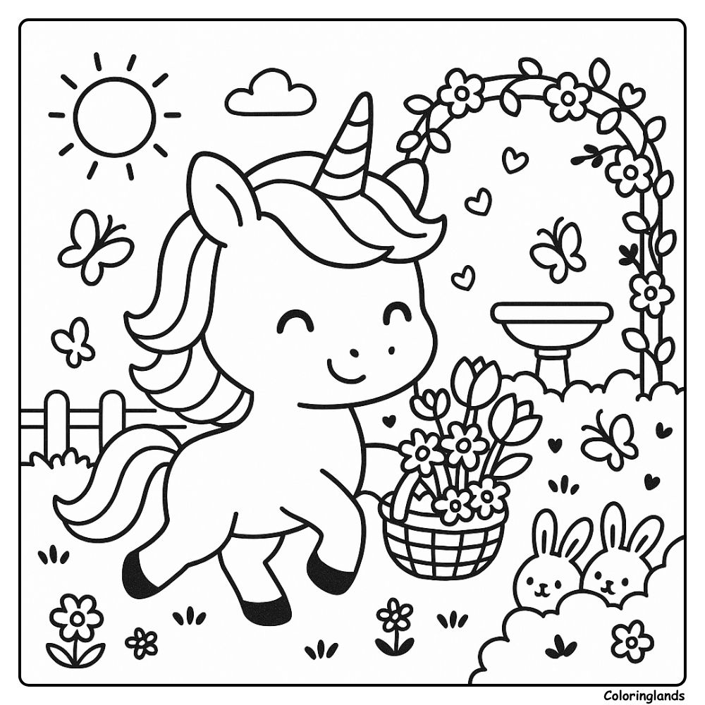 Smiling unicorn with a basket of flowers, spring coloring image.