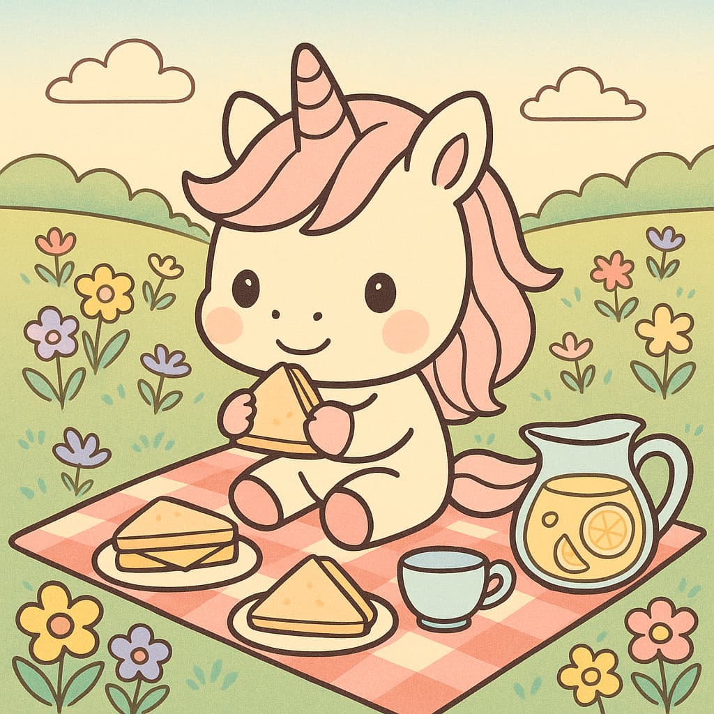 Meadow picnic scene and unicorn, joyful coloring image