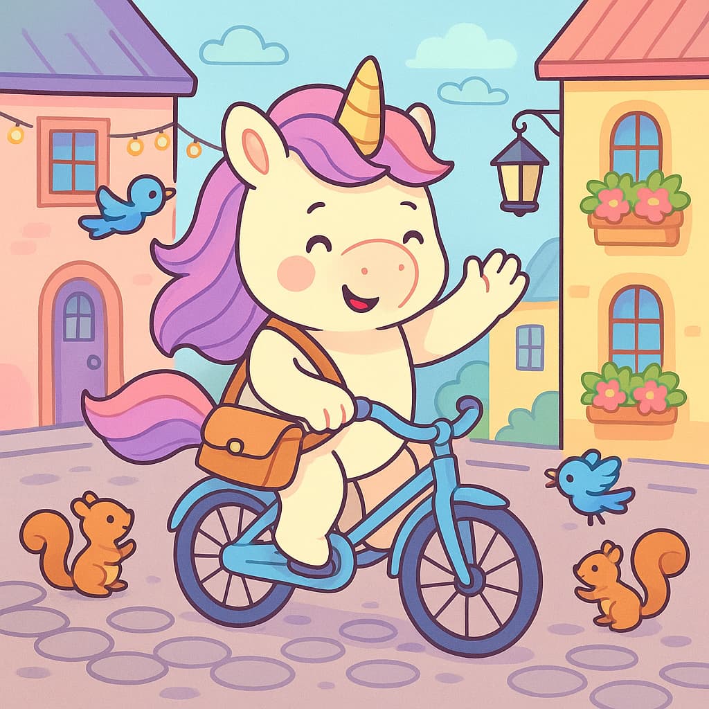 Cute biking unicorn coloring picture on a lively street