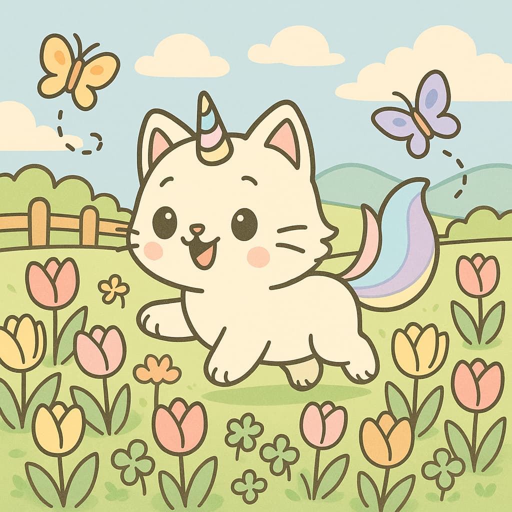 Pastel garden coloring image rainbow tail and tulips