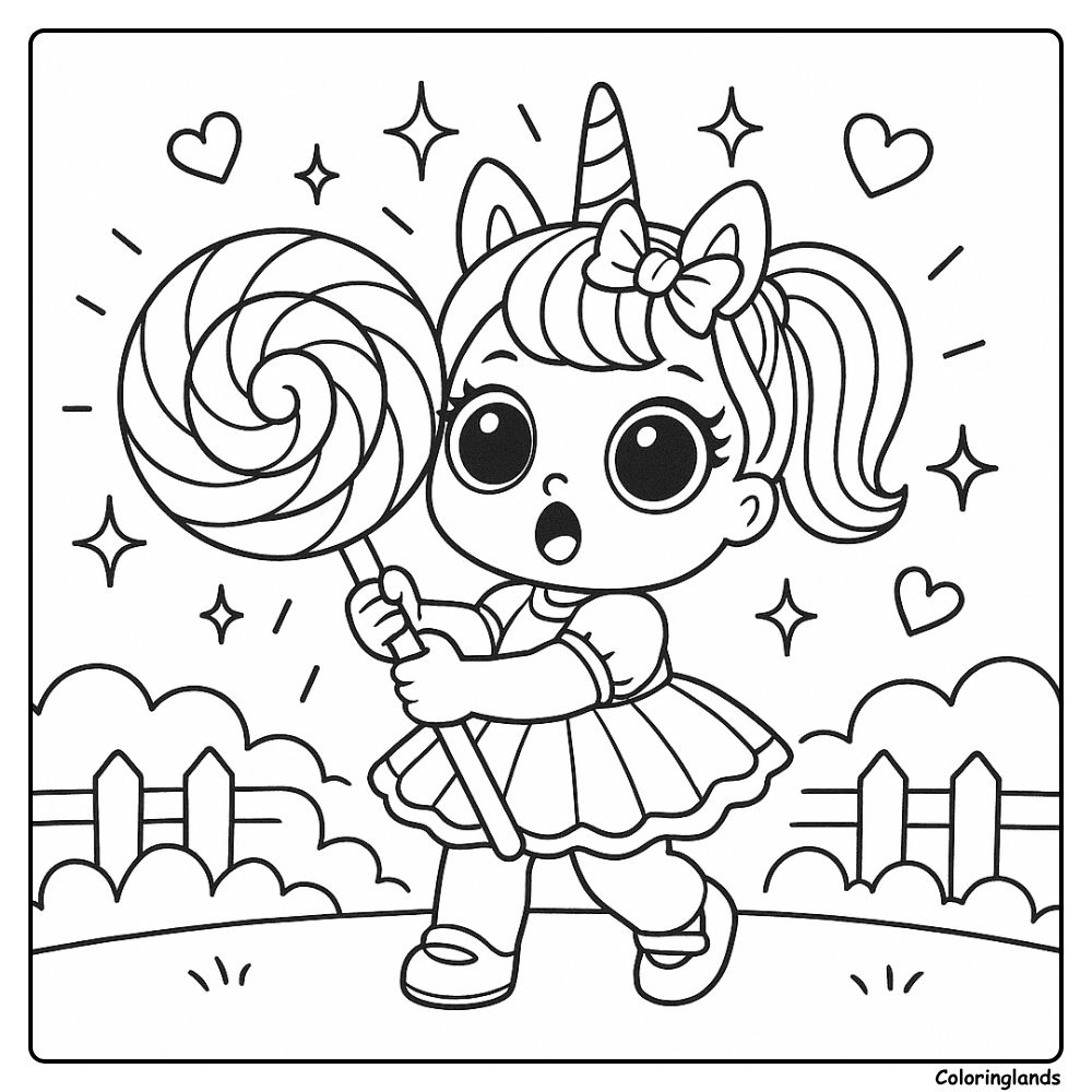 Cute unicorn doll and huge lollipop, park coloring image