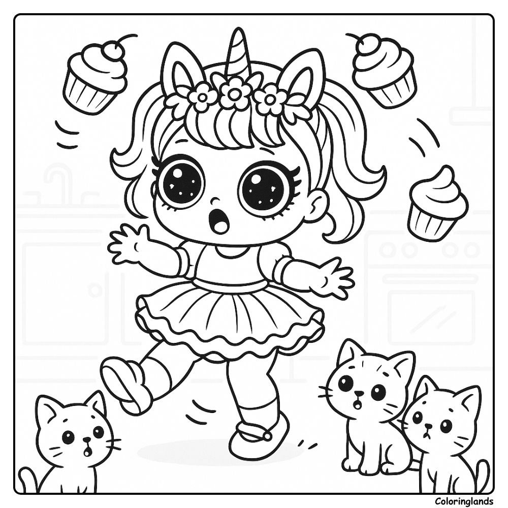 Cupcake juggle in a bright kitchen, kittens coloring picture