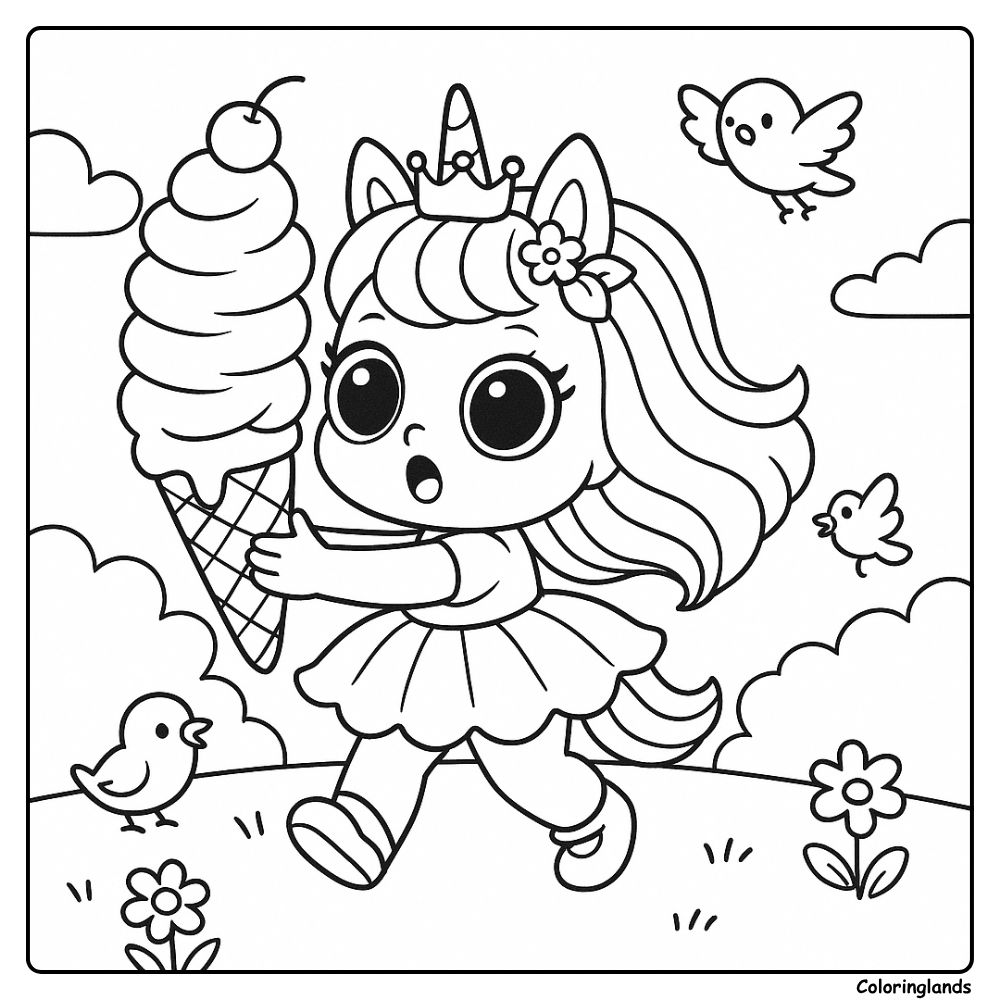 Crowned unicorn doll runs with tall cone, fun coloring idea