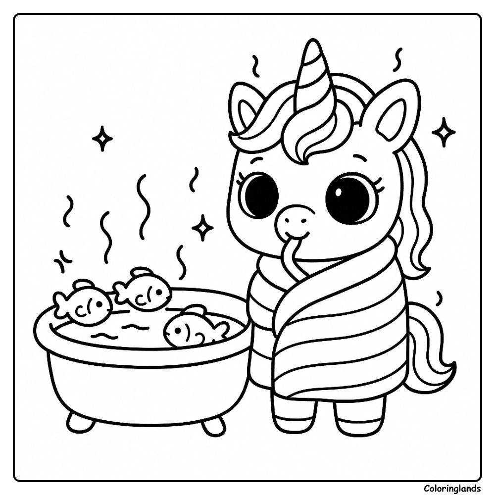 Warm bath unicorn wrapped in towel coloring image to print