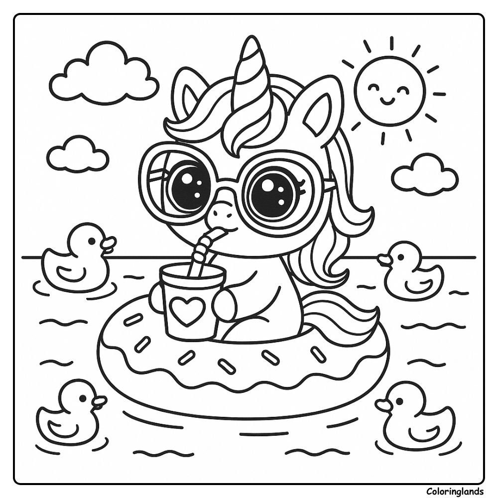 Sunny pool unicorn with ducks coloring picture for kids