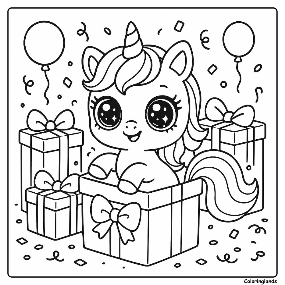 Birthday surprise unicorn in gift box coloring idea