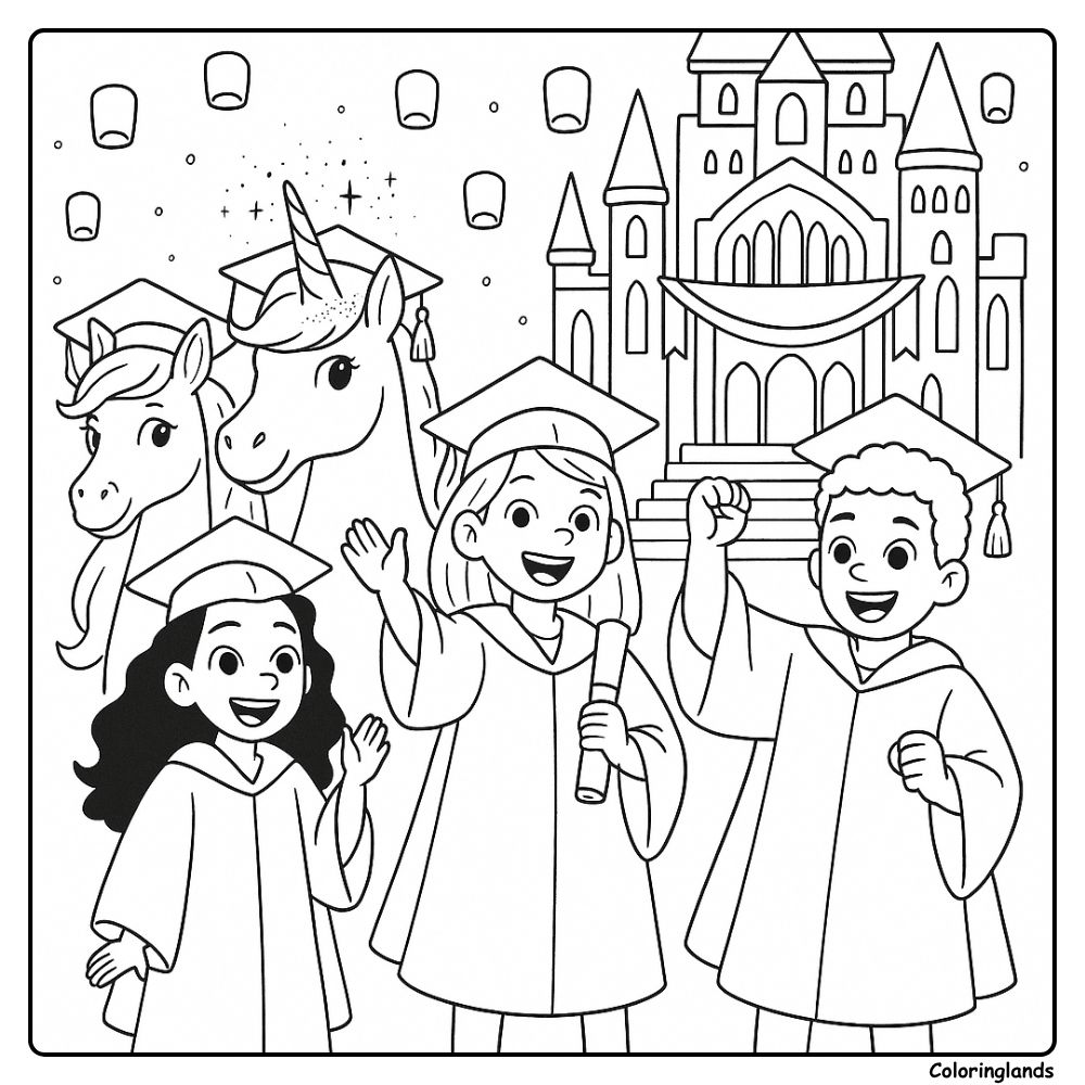 Graduation party scene with unicorns coloring picture
