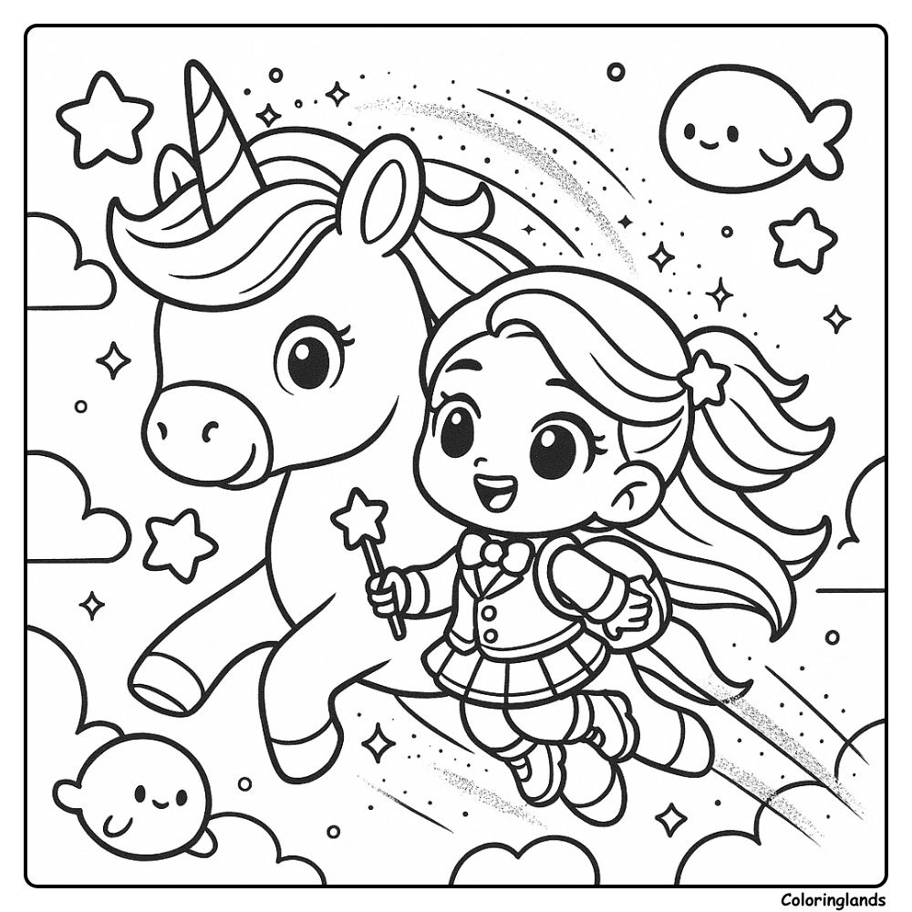 Cute sky sprint with wand and unicorn coloring picture