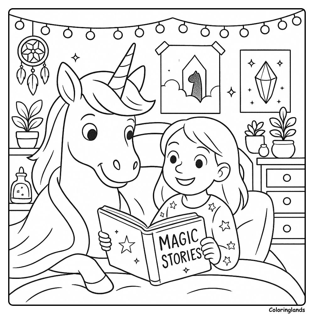 Bedtime magic with unicorn buddy coloring picture