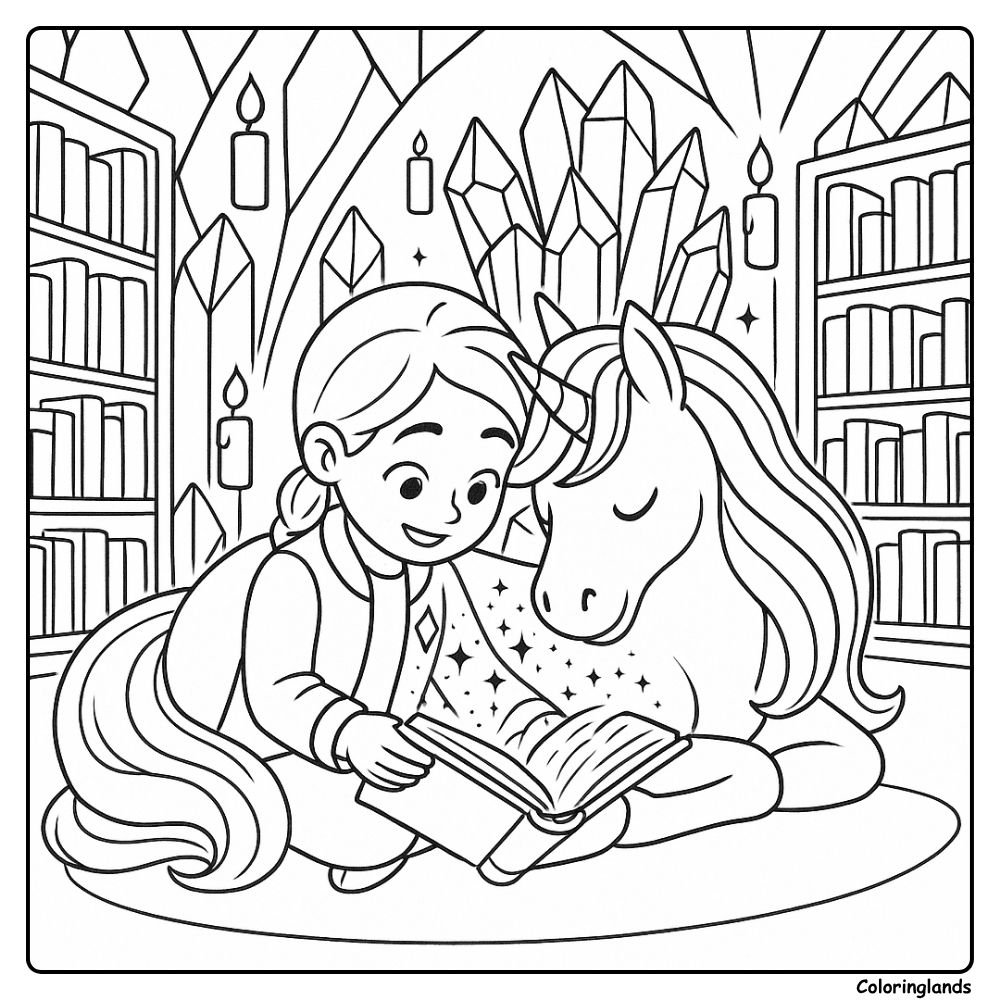 Reading with unicorn among crystals coloring image