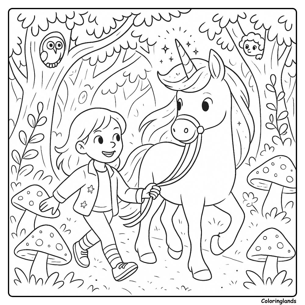Woodland stroll with unicorn and toadstools coloring idea