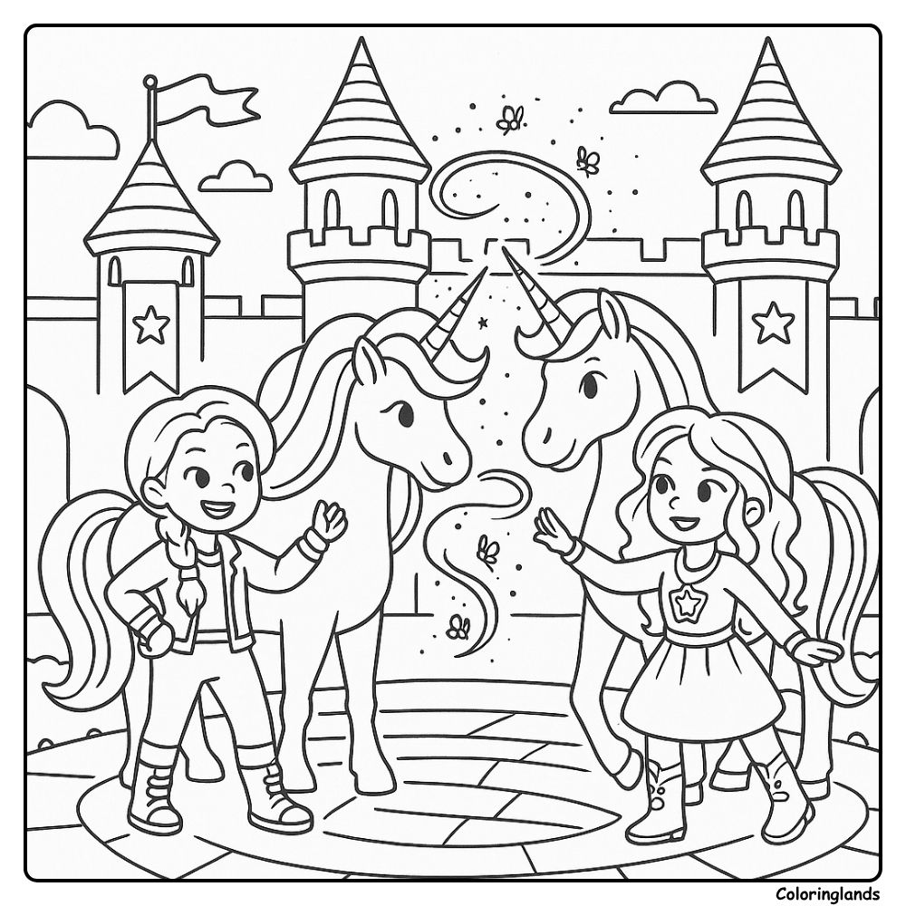 Castle courtyard with two unicorns coloring picture