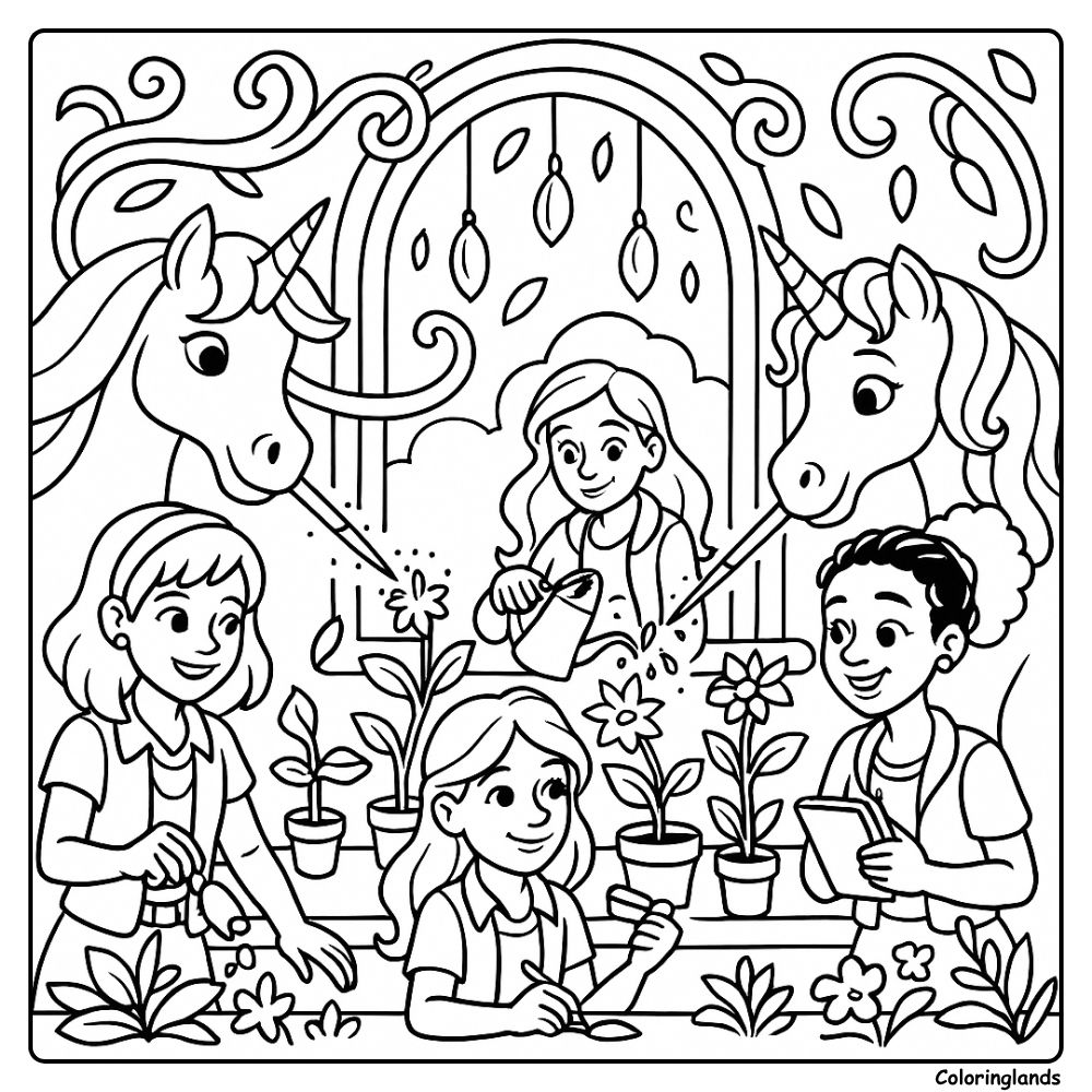 Garden friends and tiny flowers coloring image