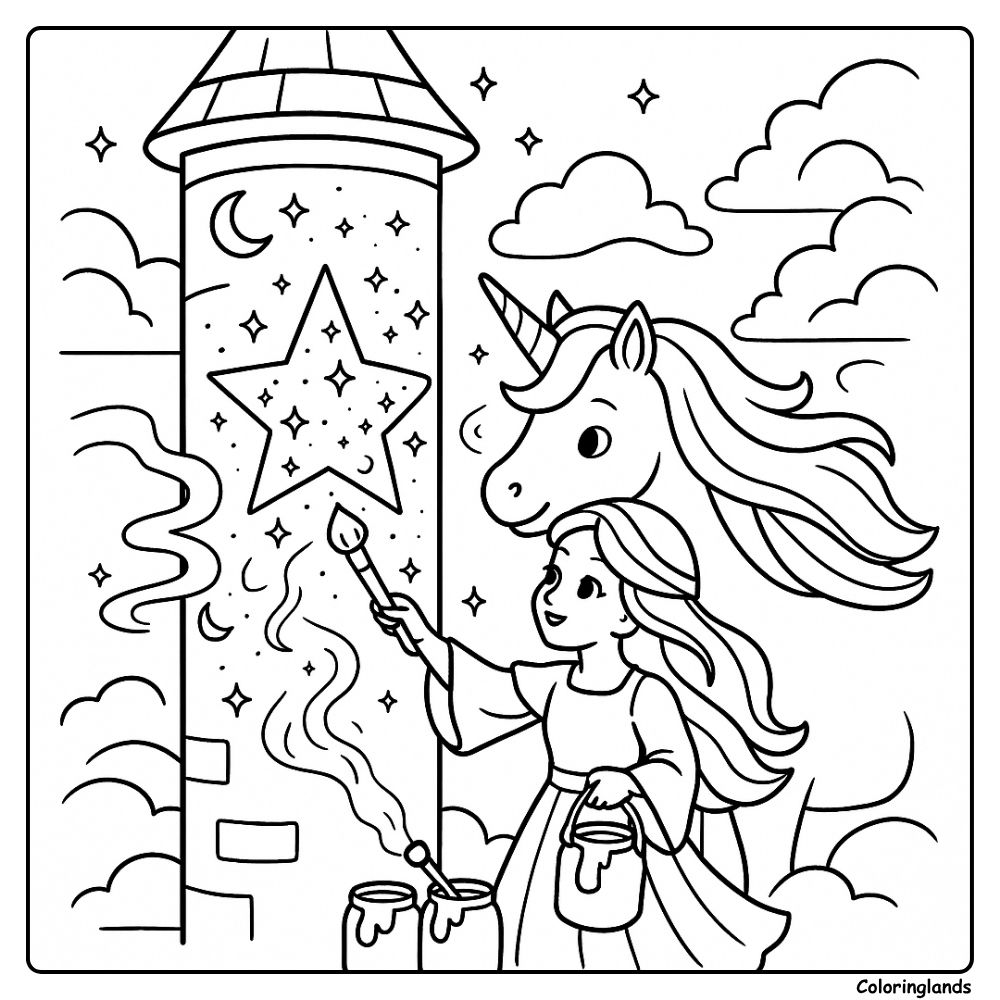 Castle mural with shining star coloring picture